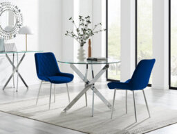 Furniturebox Uk Novara 100Cm Round  Dining Table And 2 Navy Pesaro Silver Leg Chairs - thumbnail 1
