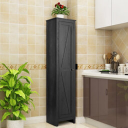 Costway Wood Tall Storage Cabinet 4 Tires Display Organizer Freestanding Pantry Cupboard Black - thumbnail 4