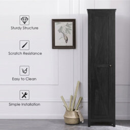 Costway Wood Tall Storage Cabinet 4 Tires Display Organizer Freestanding Pantry Cupboard Black - thumbnail 7