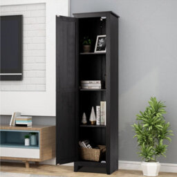Costway Wood Tall Storage Cabinet 4 Tires Display Organizer Freestanding Pantry Cupboard Black - thumbnail 3