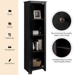 Costway Wood Tall Storage Cabinet 4 Tires Display Organizer Freestanding Pantry Cupboard Black - thumbnail 8