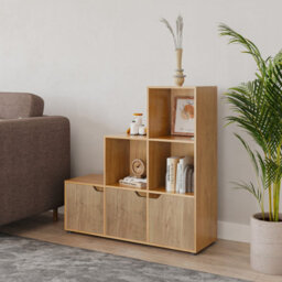 Urbn-Living Urbnliving Height 90.5Cm 6 Cube Step Storage Beech Bookcase And Oak Doors For Home Office Organizer Display Shelf Unit - thumbnail 3