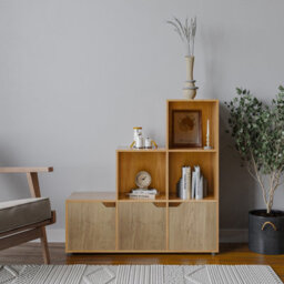 Urbn-Living Urbnliving Height 90.5Cm 6 Cube Step Storage Beech Bookcase And Oak Doors For Home Office Organizer Display Shelf Unit - thumbnail 2