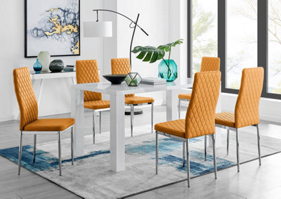 Furniturebox Uk Pivero White High Gloss Dining Table And 6 Mustard Milan Chairs Set - image 1