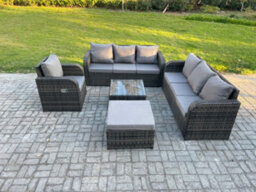 Fimous Outdoor Rattan Garden Furniture Set Conservatory Patio Sofa Coffee Table With Reclining Chair Big Footstool - thumbnail 2