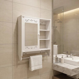 White Wall Mounted Bathroom Cabinet Mirror Cupboard W/ Towel Rail & Open Shelves - thumbnail 3