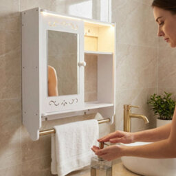 White Wall Mounted Bathroom Cabinet Mirror Cupboard W/ Towel Rail & Open Shelves - thumbnail 1