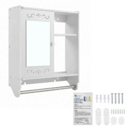 White Wall Mounted Bathroom Cabinet Mirror Cupboard W/ Towel Rail & Open Shelves - thumbnail 4