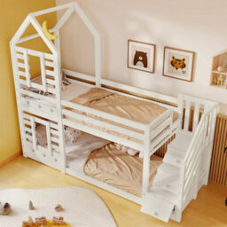 Btm 3Ft Kids Cabin Bunk Bed With Storage And Window, Solid Pine Wood, Twin Sleeper, White, 90X190Cm - thumbnail 7