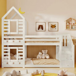 Btm 3Ft Kids Cabin Bunk Bed With Storage And Window, Solid Pine Wood, Twin Sleeper, White, 90X190Cm - thumbnail 6