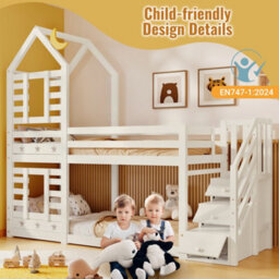Btm 3Ft Kids Cabin Bunk Bed With Storage And Window, Solid Pine Wood, Twin Sleeper, White, 90X190Cm - thumbnail 3
