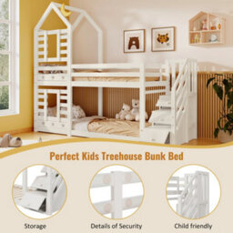 Btm 3Ft Kids Cabin Bunk Bed With Storage And Window, Solid Pine Wood, Twin Sleeper, White, 90X190Cm - thumbnail 5