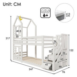 Btm 3Ft Kids Cabin Bunk Bed With Storage And Window, Solid Pine Wood, Twin Sleeper, White, 90X190Cm - thumbnail 2