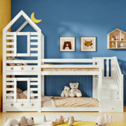 Btm 3Ft Kids Cabin Bunk Bed With Storage And Window, Solid Pine Wood, Twin Sleeper, White, 90X190Cm