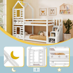 Btm 3Ft Kids Cabin Bunk Bed With Storage And Window, Solid Pine Wood, Twin Sleeper, White, 90X190Cm - thumbnail 8