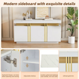 "Btm Modern White And Gold Buffet Cabinet, 55"" Sideboard With Faux Marble Top, 3 Doors And Adjustable Shelves, Luxury Storage" - thumbnail 7