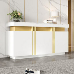"Btm Modern White And Gold Buffet Cabinet, 55"" Sideboard With Faux Marble Top, 3 Doors And Adjustable Shelves, Luxury Storage"