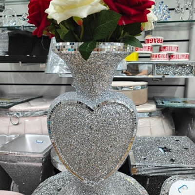 Biznest 40Cm Heart Shape Crushed Diamond Glitter Silver Sparkle Flower Vase Luxury Home Decoration Flower Pot For Gift