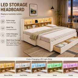 Btm 3Ft Extendable Daybed With Trundle, Led Storage Headboard, Usb And Type C Charging, 2 Drawers, Beige Velvet - thumbnail 9