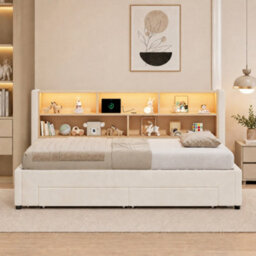 Btm 3Ft Extendable Daybed With Trundle, Led Storage Headboard, Usb And Type C Charging, 2 Drawers, Beige Velvet - thumbnail 4