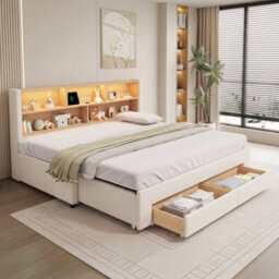 Btm 3Ft Extendable Daybed With Trundle, Led Storage Headboard, Usb And Type C Charging, 2 Drawers, Beige Velvet - thumbnail 5