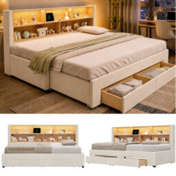 Btm 3Ft Extendable Daybed With Trundle, Led Storage Headboard, Usb And Type C Charging, 2 Drawers, Beige Velvet