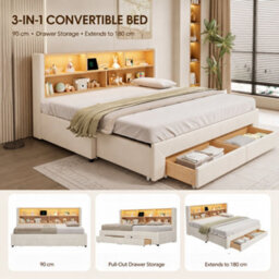Btm 3Ft Extendable Daybed With Trundle, Led Storage Headboard, Usb And Type C Charging, 2 Drawers, Beige Velvet - thumbnail 7