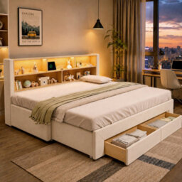 Btm 3Ft Extendable Daybed With Trundle, Led Storage Headboard, Usb And Type C Charging, 2 Drawers, Beige Velvet - thumbnail 2