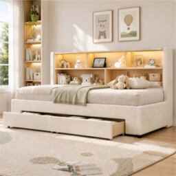 Btm 3Ft Extendable Daybed With Trundle, Led Storage Headboard, Usb And Type C Charging, 2 Drawers, Beige Velvet - thumbnail 3