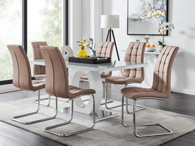 Furniturebox Giovani Rectangular 6 Seat White High Gloss Unique Halo Base Dining Table Grey Glass Top 6 Beige Faux Leather Murano Chairs - image 1