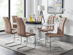 Furniturebox Giovani Rectangular 6 Seat White High Gloss Unique Halo Base Dining Table Grey Glass Top 6 Beige Faux Leather Murano Chairs - thumbnail 1