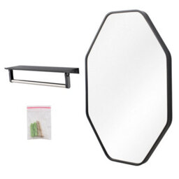 Living And Home Black Octagon Aluminium Alloy Bathroom Mirror Hd Glass With Towel Bar Wall Vanity Mirror 50X70Cm - thumbnail 4