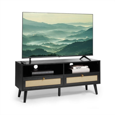 "Spinningfield Rattan Tv Unit, Black Tv Cabinet For Tvs Up To 55"", Cane Tv Entertainment Unit, 2 Storage Drawers & 2 Open Shelves" - image 1
