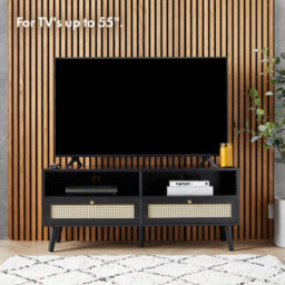 "Spinningfield Rattan Tv Unit, Black Tv Cabinet For Tvs Up To 55"", Cane Tv Entertainment Unit, 2 Storage Drawers & 2 Open Shelves" - thumbnail 3