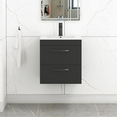 Royal Bathrooms Turin 500mm Wall Hung Vanity Unit Matt Black 2 Drawer Minimalist Basin With Matt Black Handles - image 1