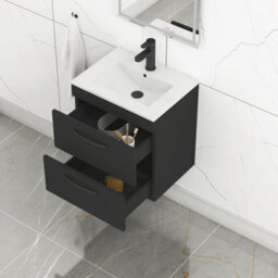 Royal Bathrooms Turin 500mm Wall Hung Vanity Unit Matt Black 2 Drawer Minimalist Basin With Matt Black Handles - thumbnail 5
