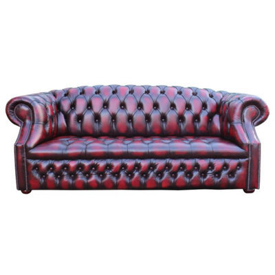 Chesterfield 3 Seater Buttoned Seat Sofa Antique Oxblood Leather In Buckingham Style - image 1