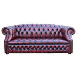 Chesterfield 3 Seater Buttoned Seat Sofa Antique Oxblood Leather In Buckingham Style - thumbnail 1