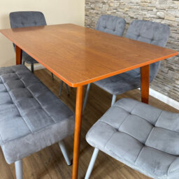 Doubs Dining Table Set With 4 Grey Velvet Chairs And Bench Walnut Effect Table 6-Piece Set - thumbnail 4