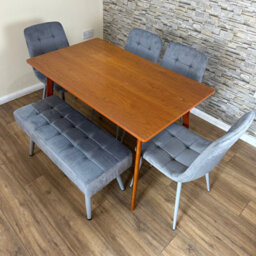 Doubs Dining Table Set With 4 Grey Velvet Chairs And Bench Walnut Effect Table 6-Piece Set - thumbnail 1