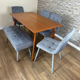 Doubs Dining Table Set With 4 Grey Velvet Chairs And Bench Walnut Effect Table 6-Piece Set - thumbnail 2