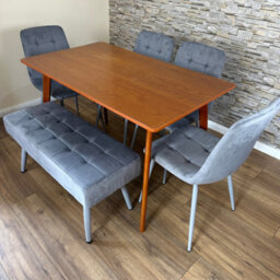 Doubs Dining Table Set With 4 Grey Velvet Chairs And Bench Walnut Effect Table 6-Piece Set - thumbnail 5