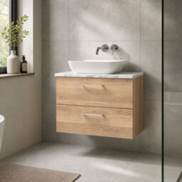 Balterley Bramshall 800mm Wall Hung 2 Drawer Vanity Unit & Laminate Worktop For Stylish Compact Bathroom Storage - Bleached Oak - thumbnail 4