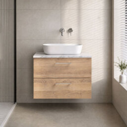 Balterley Bramshall 800mm Wall Hung 2 Drawer Vanity Unit & Laminate Worktop For Stylish Compact Bathroom Storage - Bleached Oak - thumbnail 2