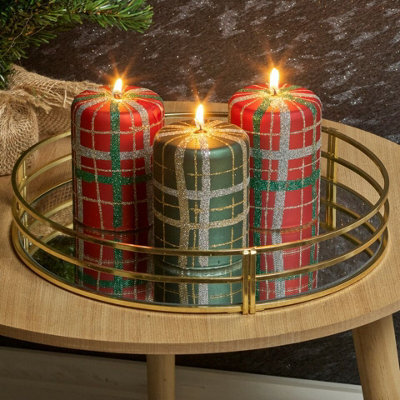 Urbn-Living Urbnliving 40Hr Wax Red & Green Tartan Christmas Glitter Candles Home Xmas Table Decor Set Of 3 - image 1