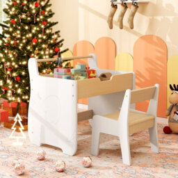 Costway Kids Play Table & Chair Set Wooden Toddler Activity Desk W/ Detachable Tabletop Natural & White - thumbnail 4