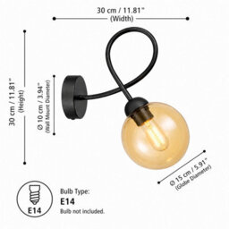Luminosa Lighting Luminosa Lyra Globe Wall Lights Black Amber Glass Shade 1X E27 - thumbnail 3