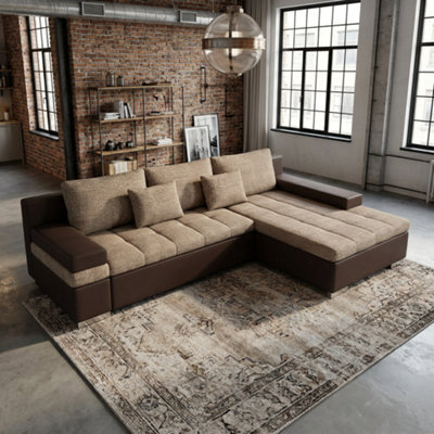 Bangkok Corner Sofa Bed For Living Room With Storage Polyurethane Foam Wave Spring Metal Legs Light Brown And Brown Right - image 1