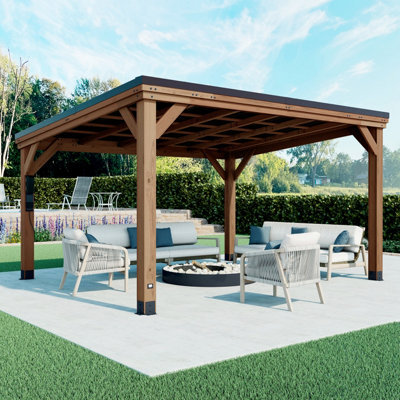 Backyard Discovery Arcadia Pitched Roof Cedar Wood Outdoor Patio Gazebo With Powerport 4.4M X 3.7M (14Ft X 12Ft) - image 1