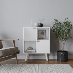 Urbn-Living Urbnliving 80Cm Height White 4 Cube With White 2 Wooden Door Bookcase With Pine Legs Shelves - thumbnail 1